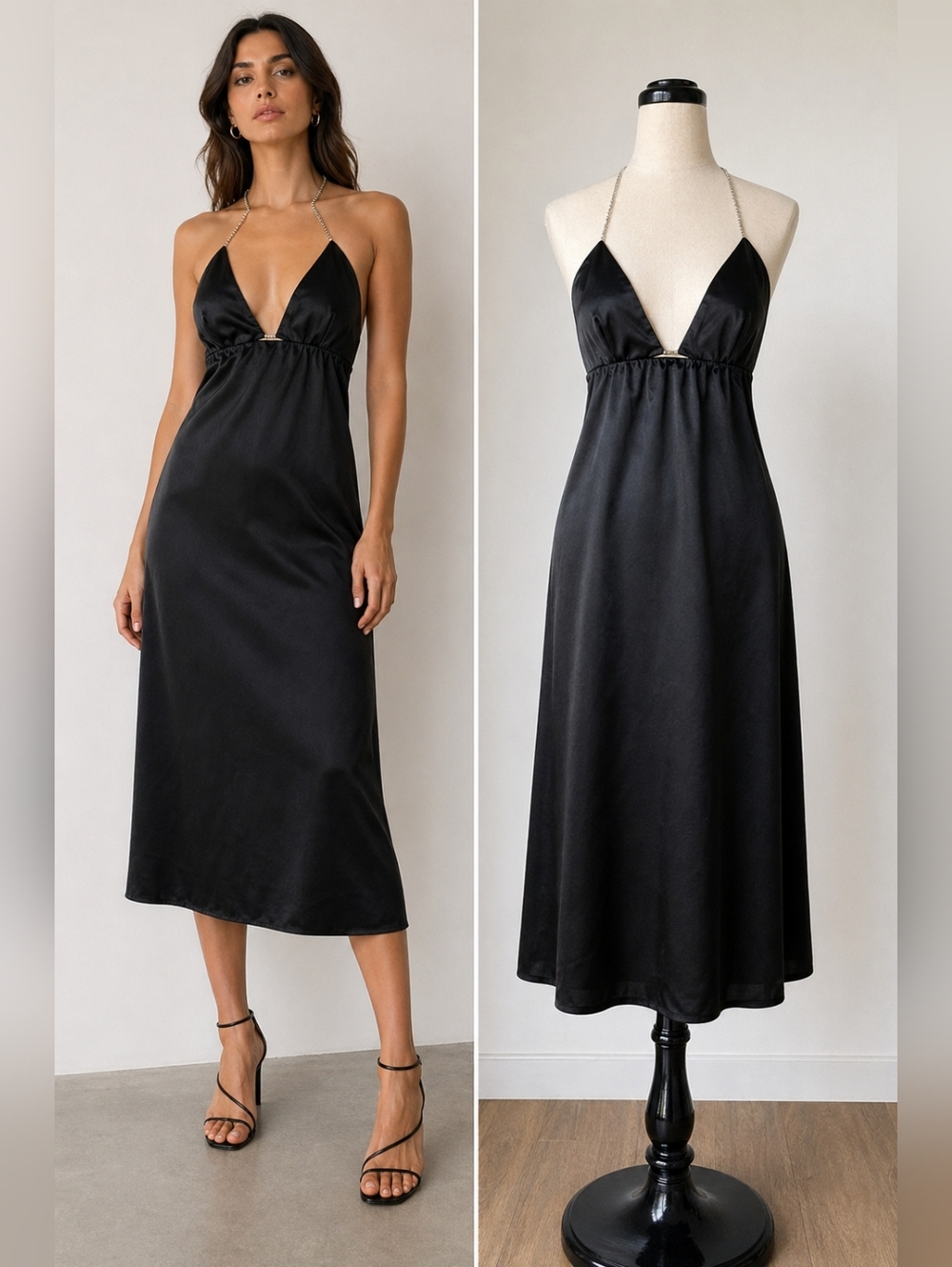 ZARA Black Satin Dress Chain Strap Midi Size M Elegant